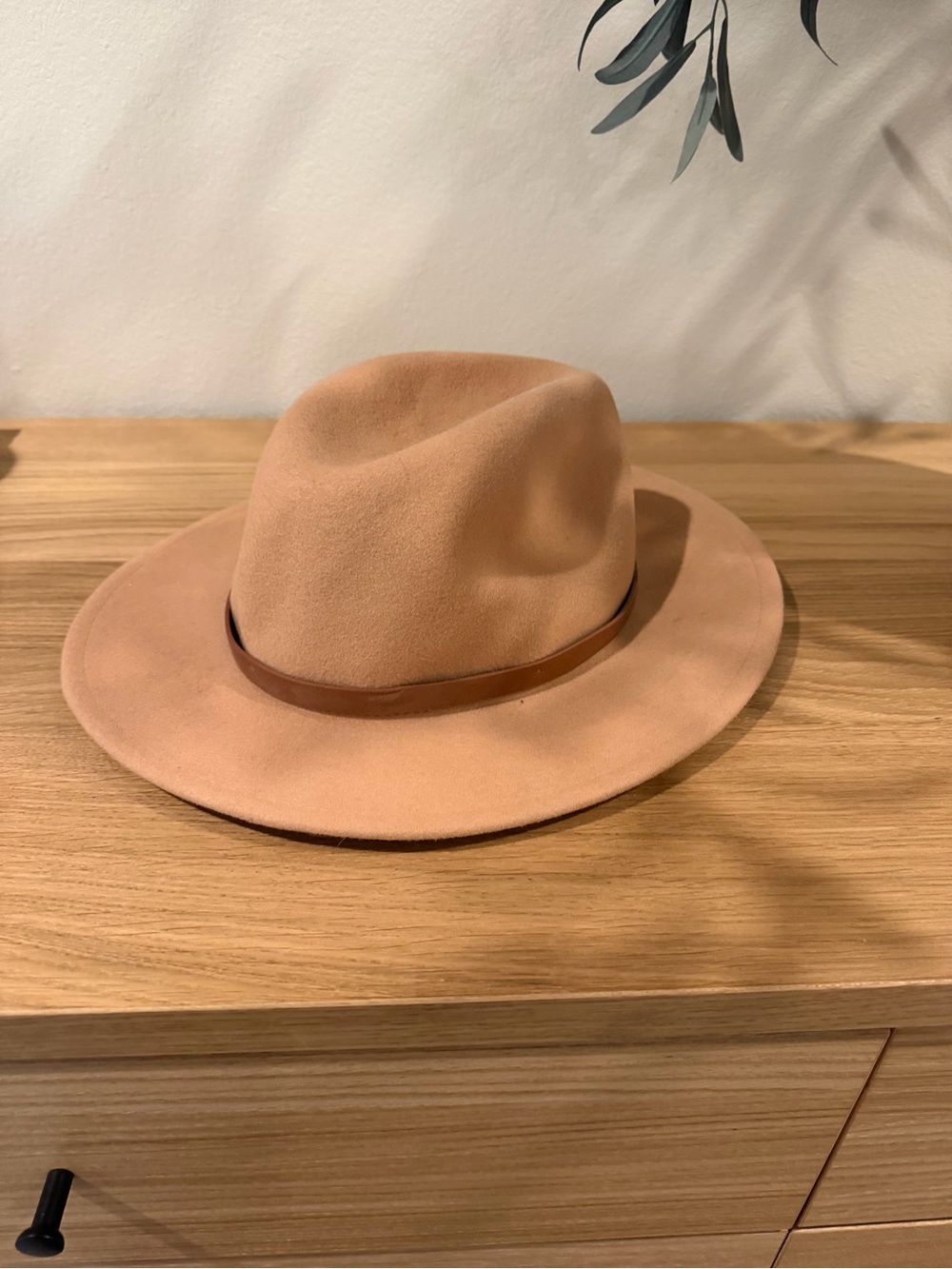 Camel Wide-Brim Felt Fedora with Leather Band